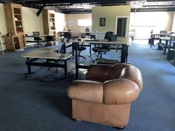 (4) ADJUSTABLE HEIGHT MODULAR DESKS; (3) ROLLING CHAIRS; (2) TABLES & LEATHER ARM CHAIR