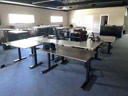 (4) ADJUSTABLE HEIGHT MODULAR DESKS; (3) ROLLING CHAIRS; (2) TABLES & LEATHER ARM CHAIR