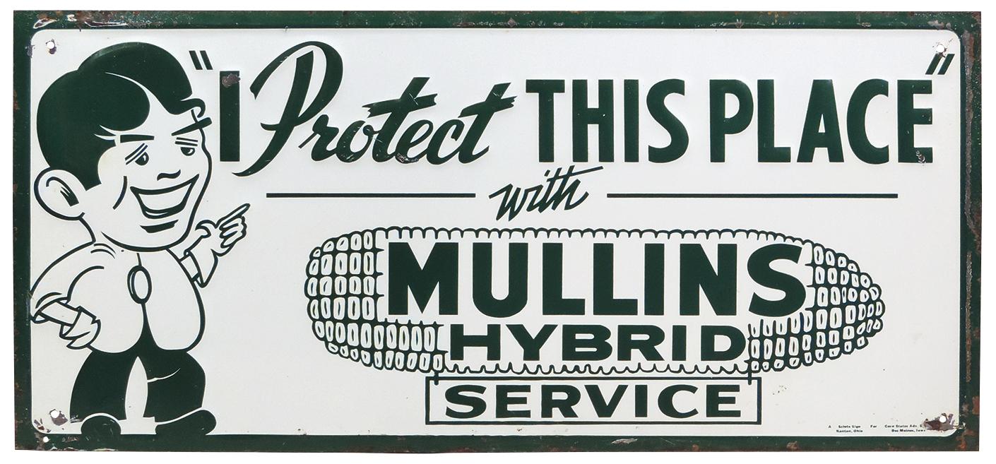 Farming Sign, Mullins Hybrid Service by Sciota Sign, embossed litho on tin w/great