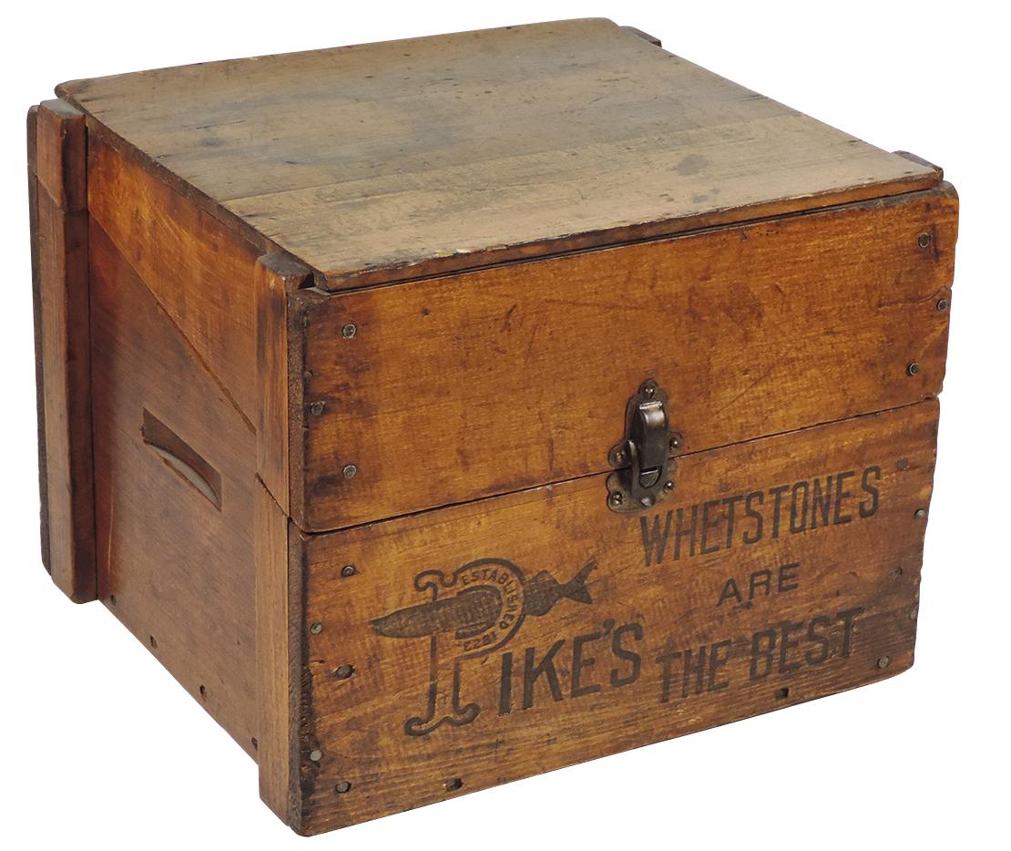 Hardware Store Pikes Whetstones Box, early pine box w/slanted hinged cover