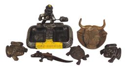 Cast Iron & Brass Novelties (6), Iron Fireman figural ashtray, 2 erotic mal