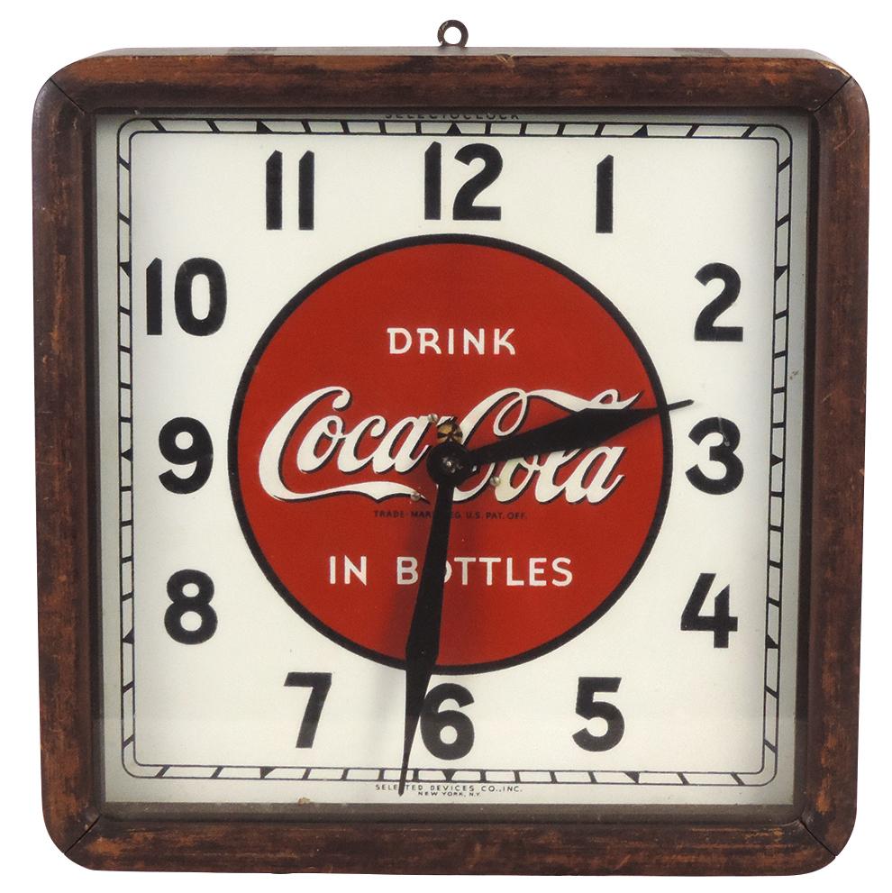 Coca-Cola Selecto Clock, electric w/litho on tin dial in wood case, mfgd by