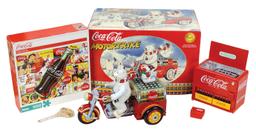 Coca-Cola Items (4), Motortrike by Franklin Mint, battery op music box ches