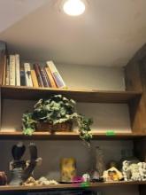 contents of three shelves books and knickknacks