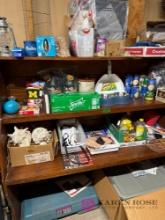 contents of shelves, shells, fishing poles, lightbulbs, cleaning supplies, and more