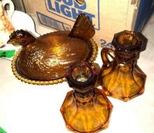 Amber candle holders & covered glass chicken