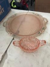 Pink depression satin platter/sugar bowl