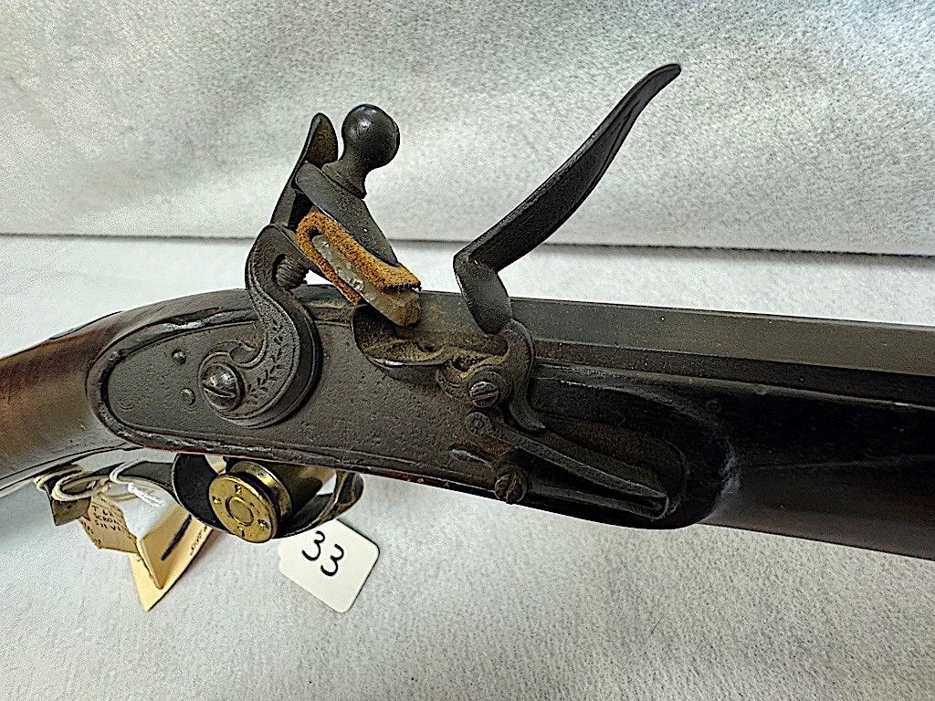 FLINT LOCK KENTUCKY RIFLE, T ON LOCKPLATE, PULL STOCK, CAL APPROXIMATELY 50