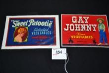 Pair of Paper Label Advertisements for Sweet Patootie and Gay Johnny Vegetables