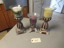 3 CANDLES AND HOLDERS