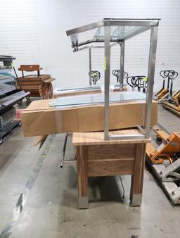 bakery merchandising table, solid oak top w/ slatted oak shelves