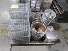 pallet of misc- wire baskets, stainless pans & soup containers,