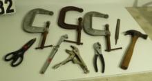 mixed tools c clamps, files, hammer, scissors, vise grip pliers, pliers, tire gauge