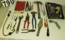 mixed tools, screw drivers, hammer, grinding wheel cleaner, wet dry sand paper