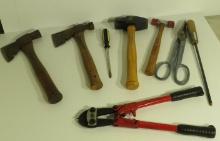 14" bolt cutters, screw driver, roofing hatchet, mallet, tin snips
