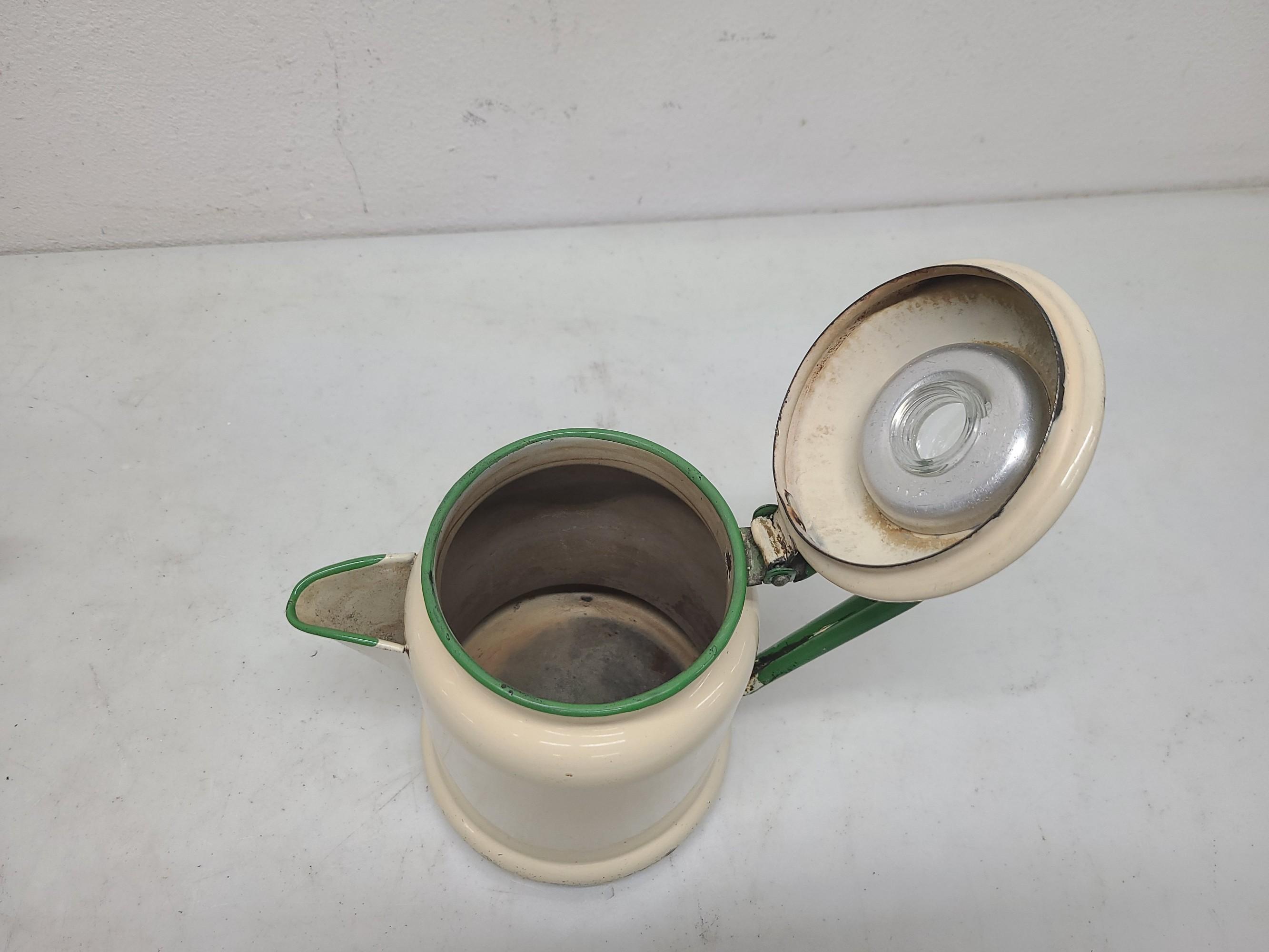 3x Enamelware Tea & Coffee Pots Cream and Green