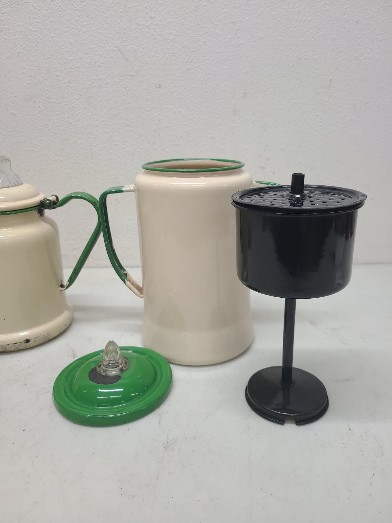 3x Enamelware Tea & Coffee Pots Cream and Green