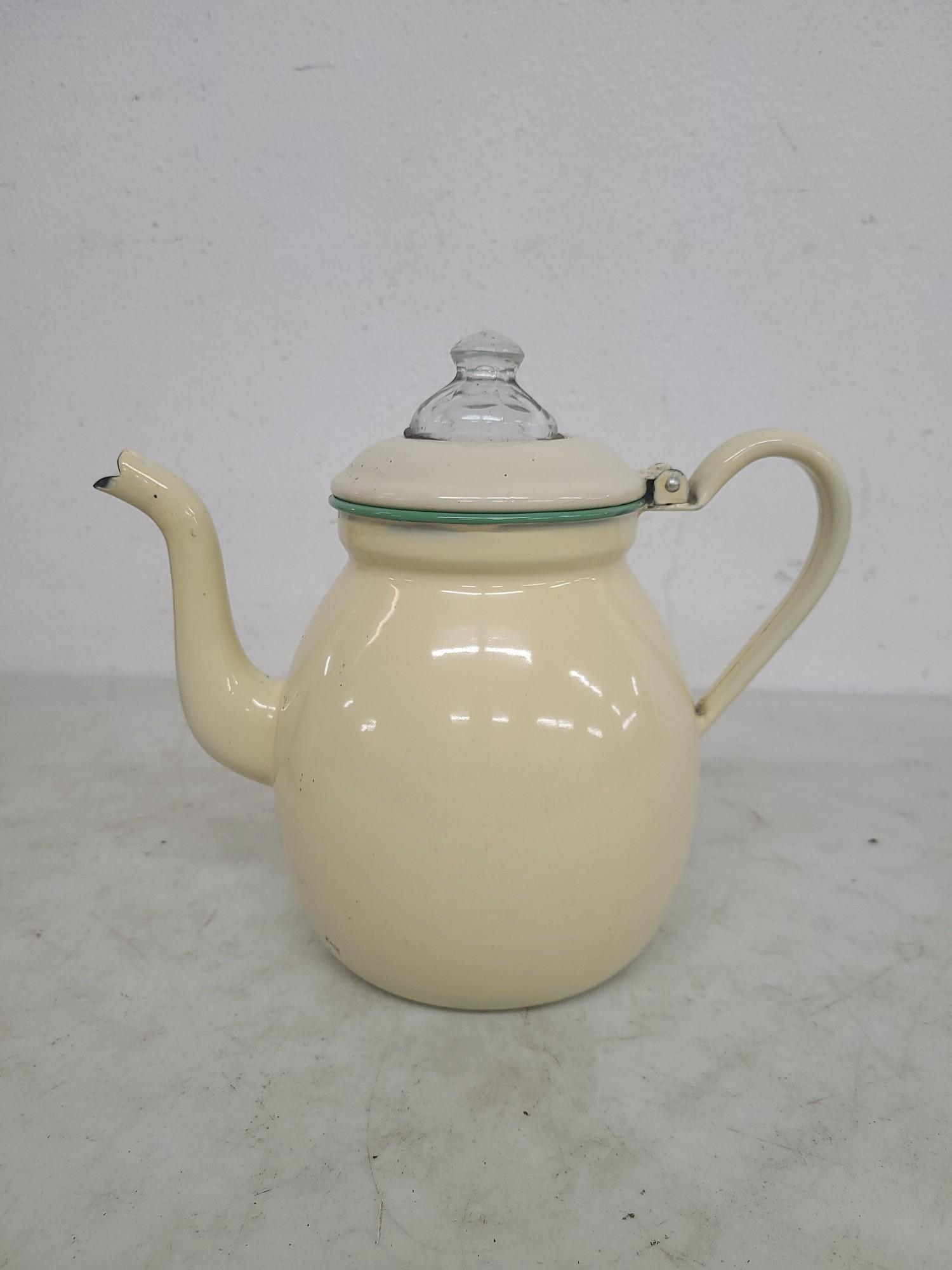 Cream Colored Enamelware Coffee Pot And Teapot
