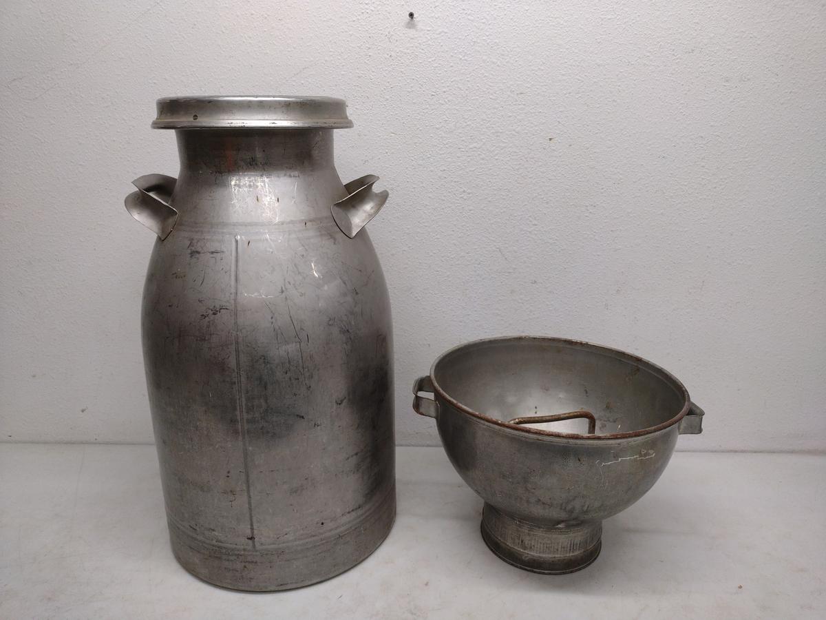 Firestone Sanaloy Stainless Steel Milk Can And Metal Milk Strainer