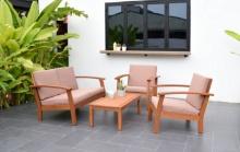 BRAND NEW OUTDOOR 100% FSC SOLID WOOD 4 PIECE CONVERSATION SET WITH KHAKI REMOVABLE CUSHIONS