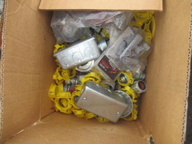 ASSORTED ELECTRICAL FUSES, FITTINGS, CONNECTORS, EXIT LIGHTS, RECEPTICALS, JUNCTION BOXES, & CONDUIT
