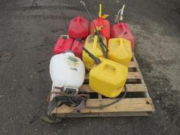 BACKPACK SPRAYER & (8) ASSORTED GAS CANS