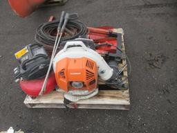 STIHL BACKPACK BLOWER, PORTABLE CABLE PANCAKE AIR COMPRESSOR, VEHICLE RAMPS, SAWHORSE, & ASSORTED