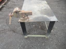 90'' X 31'' STEEL WORK TABLE W/ 4'' BENCH VISE