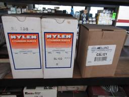 CONTENTS OF SHELF - ASSORTED PISTON RINGS, CYLINDER SLEEVE MATERIAL, & OIL PUMPS