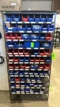 13 SHELF METAL RACK W/CONTENTS - ASSORTED FITTINGS, SWITCHES, GUAGES