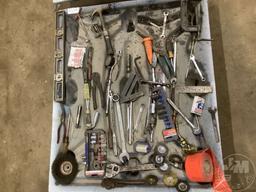 A PALLET OF, WIRE WHEELS, WRENCHES, SQUARE, C CLAMP, SPEED