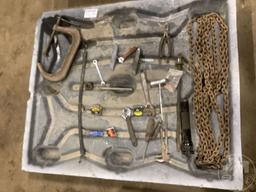 A PALLET OF, C CLAMP, CHAIN, TIRE TOOL, CARPET KNIFES,