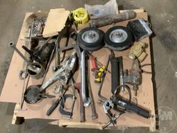 A PALLET WITH, GREASE GUNS, PUMP, SOLID WHEELS, TORCH HEAD,
