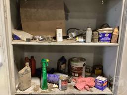2 DOOR CABINET WITH, GREASE, FILTERS, OILS, MISC ITEMS