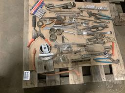 A PALLET OF, PIPE WRENCHES, WRENCHES, PIPE CLAMP, FLARING TOOL,