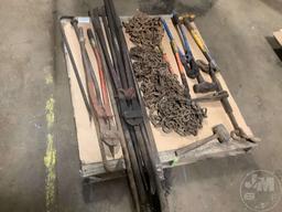 A PALLET WITH, CHAINS, BOLT CUTTERS, CHAIN BINDERS, SLEDGE HAMMERS,