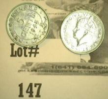 (2) 1945 C Newfoundland Five Cent Silvers, EF-AU.
