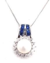 Sterling Pearl & Blue Sapphire Baguette Necklace