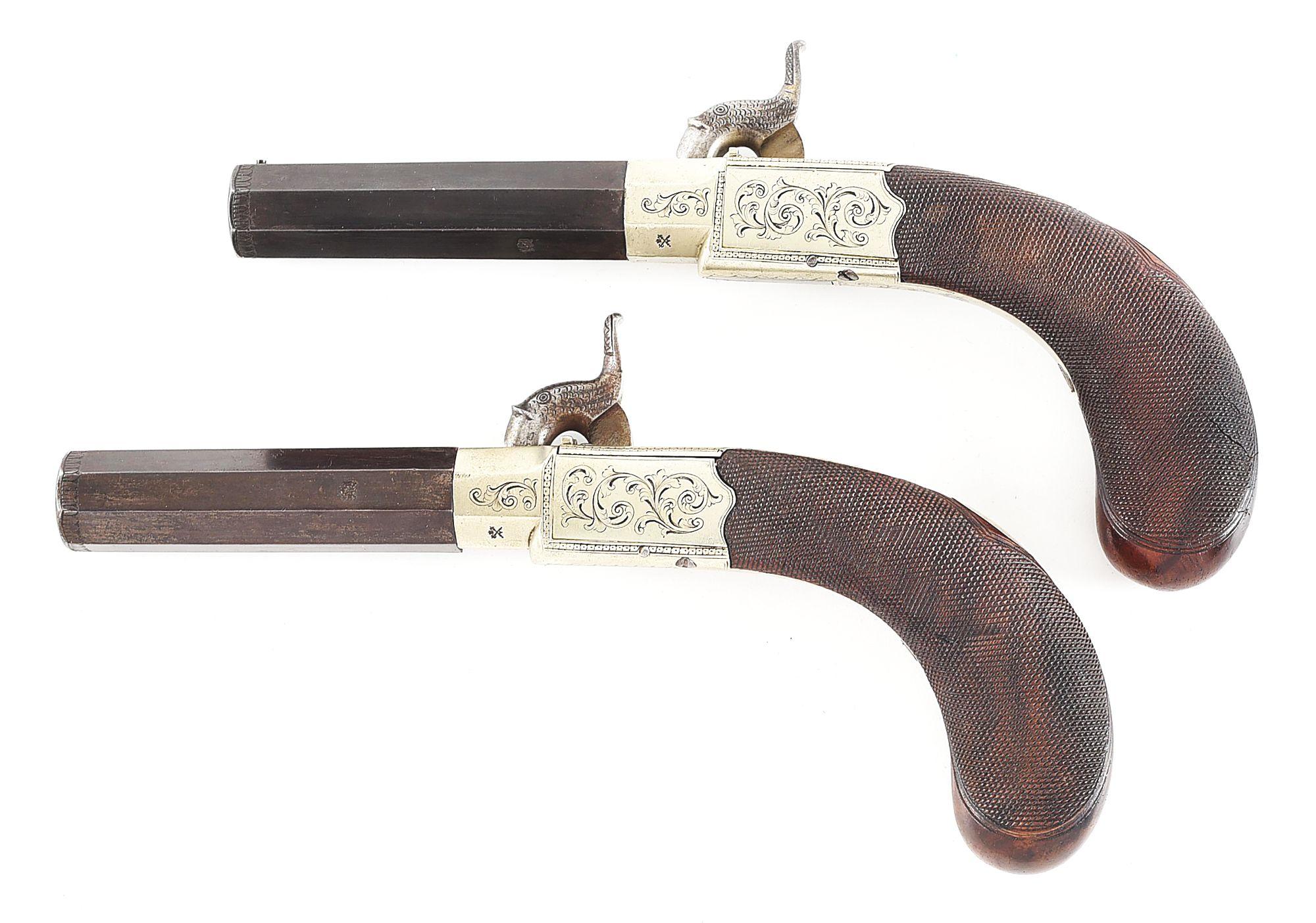 (A) CASED PAIR OF ENGLISH SCREW BARREL PERCUSSION PISTOLS BY EDWARD DODSON.