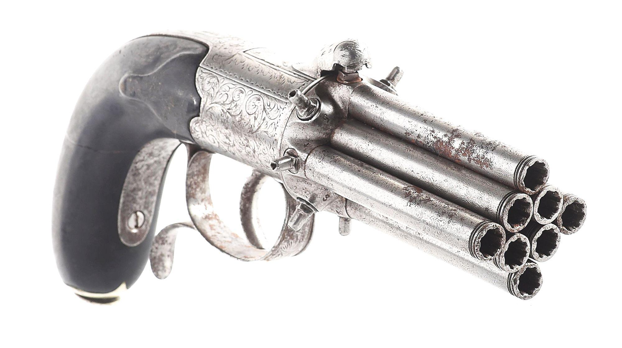 (A) UNUSUAL 8 BARREL BELGIAN J.J.H. BREVETE PERCUSSION PEPPERBOX REVOLVER.