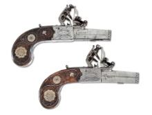 FINE PAIR OF SILVER INLAID ENGLISH FLINTLOCK POCKET PISTOLS BY JACKSON.