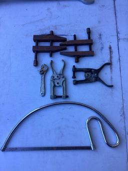 Box lot of assorted wrenches and claps