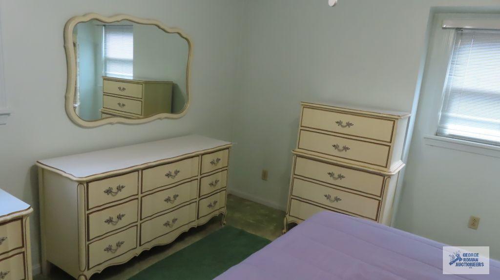 French Provincial dresser with mirror and five drawer chest by Dixie