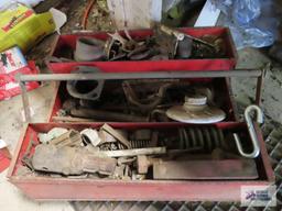 Lot of hardware, tools and etc on under and in front of bench