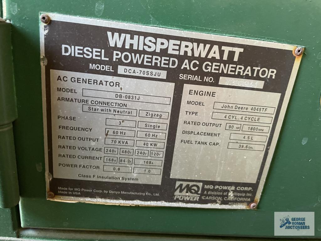 TRAILER MOUNTED WHISPERWATT DIESEL POWERED AC GENERATOR. GENERATOR MODEL: DB-0831J. ENGINE: JOHN