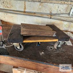 5 foot work bench with four wheel floor dolly, ice scraper and etc