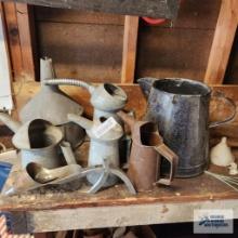 Vintage oil cans, metal funnel and etc