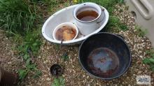 Lot of enamelware pots and metal ladle