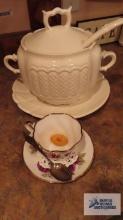 Ceramic soup tureen with ladle and Queen's fine bone china cup and saucer made in England