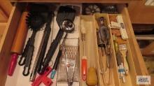 lot of kitchen utensils, rolling pin, grater, and etc